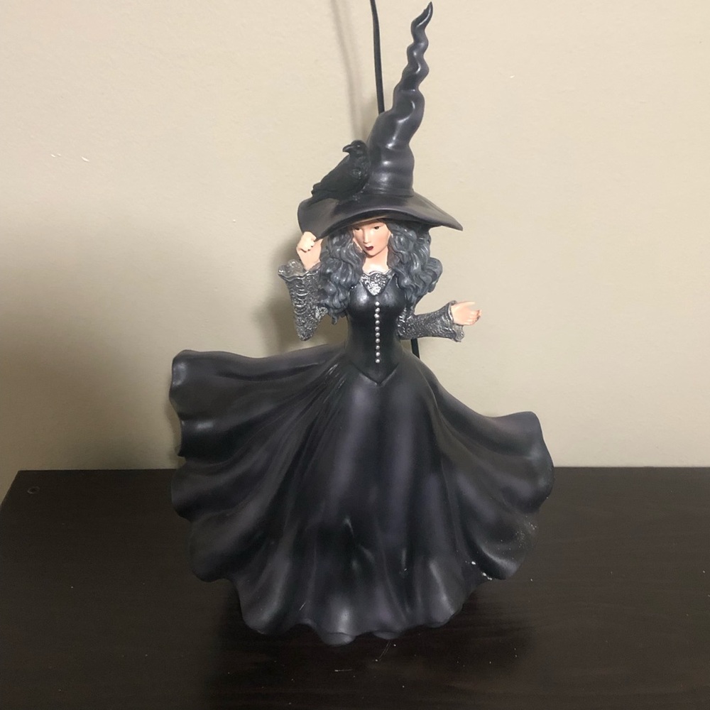 Halloween Goth Witch Figurine Black With Crow, Ruffled Gown, Freestanding